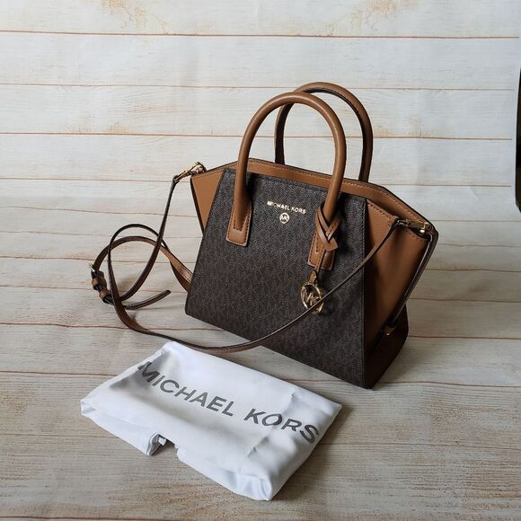 Michael Kors Signature Logo Avril Top Zip Satchel/Crossbody Handbag Small Brown - Picture 1 of 16